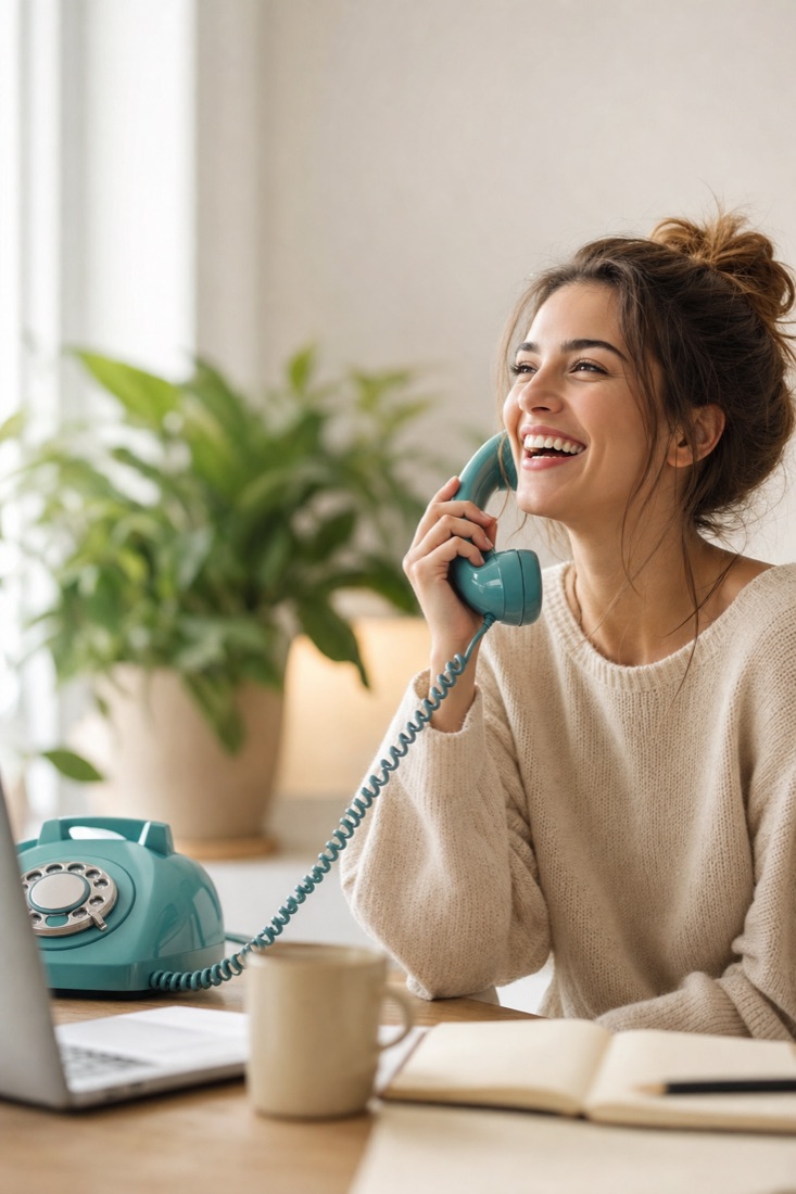 A woman in a cream sweater laughs while talking on a teal rotary phone, a plant and open laptop beside her